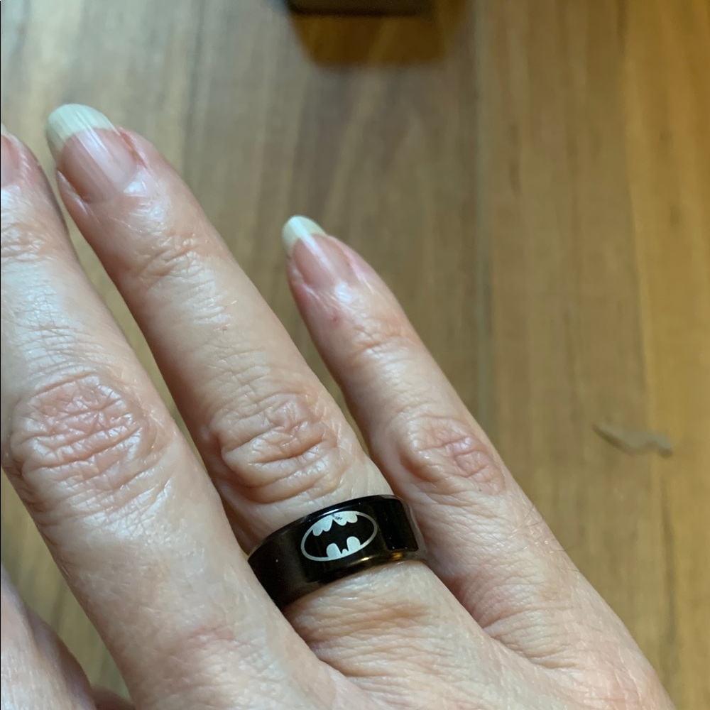 Batman logo on black enamel over stainless sz 6 ring